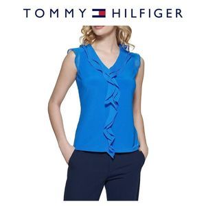 Tommy Hilfiger Blue Jersey V Neck Chiffon Ruffle Trim Cap Sleeve Blouse